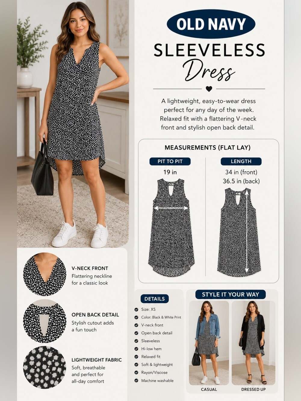 Old Navy Black & White Sleeveless V-Neck Dress